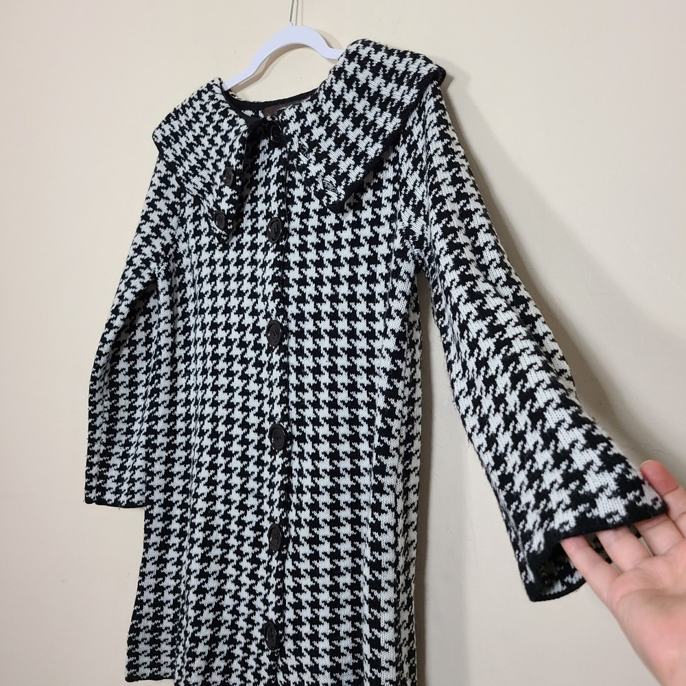 Houndstooth Knit Button Front L Coatigan Black White Classy Lux Preppy Academia - Picture 2 of 8